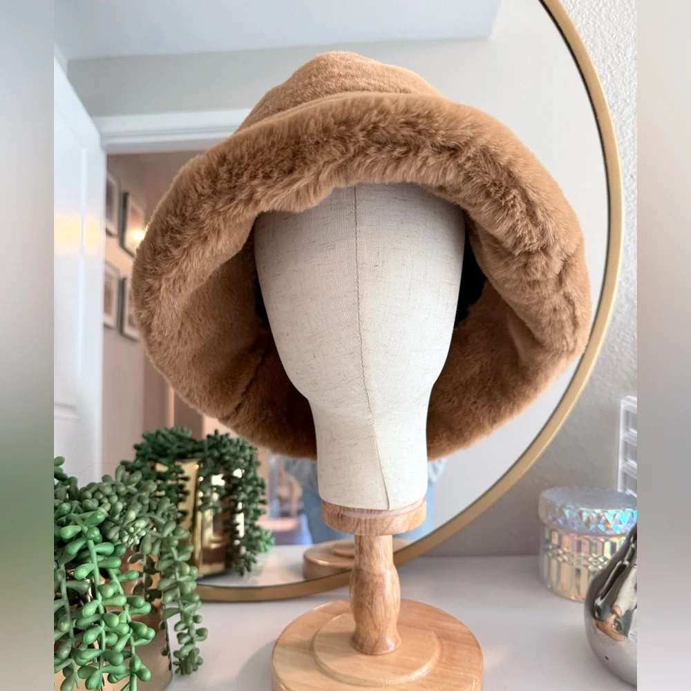 Faux Fur Camel Bucket Hat Cozy Winter Soft Plush Cloche Style